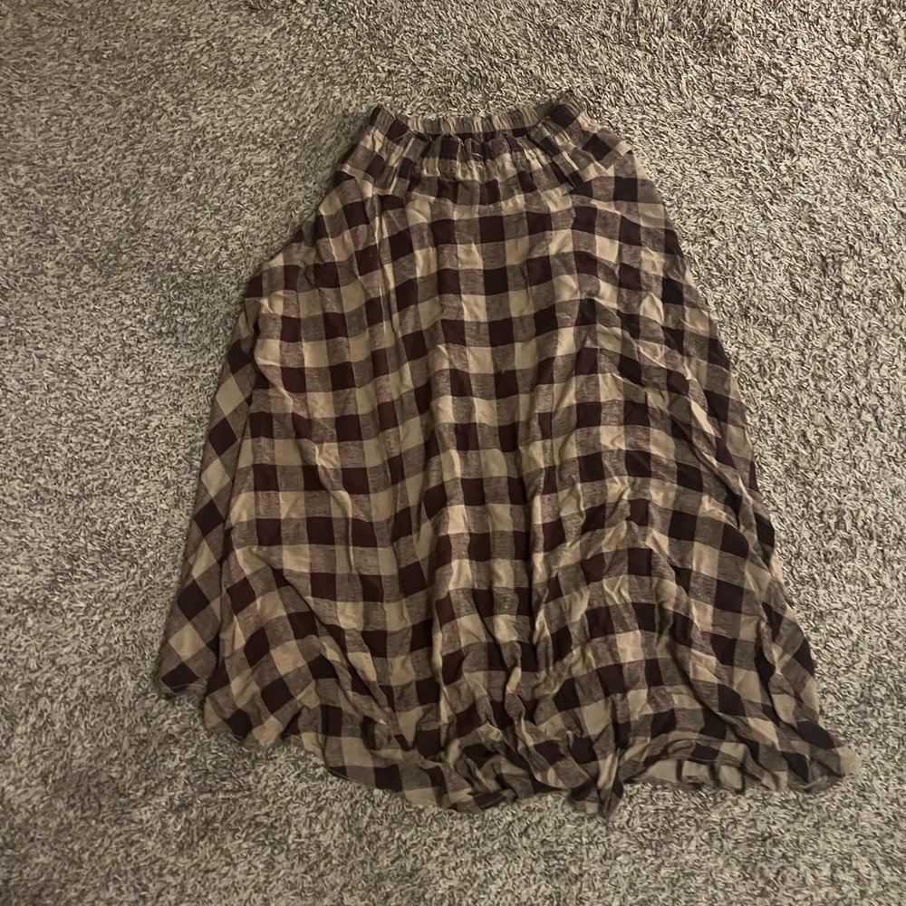 brown checkered soft maxi skirt